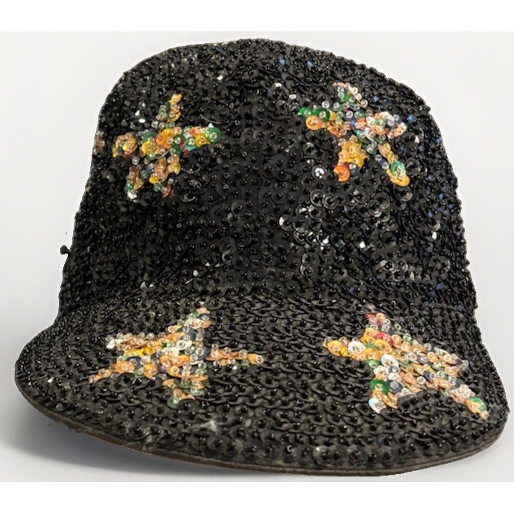 Vtg 90s Fashion Fantasy Black Sequin Ball Cap Sequin Beaded Stars OS Boho City